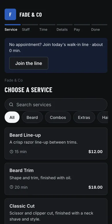 The Fade & Co booking page on a phone, listing haircuts with prices and times
