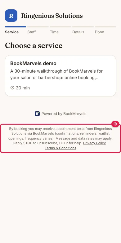 The first screen of the booking page on a phone: the services, with the text-message notice and its Privacy Policy and Terms links at the bottom of the screen