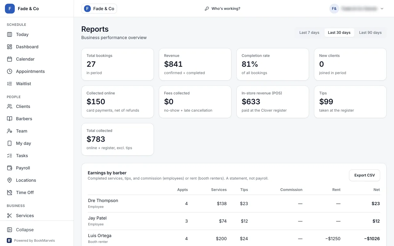 Reports: bookings, revenue, collected online and at the register, tips, and earnings by barber
